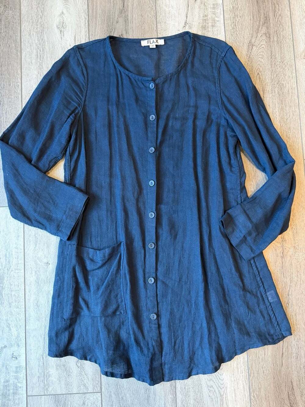 FLAX Linen Blouse P Navy Blue Button Front Pocket Lagenlook